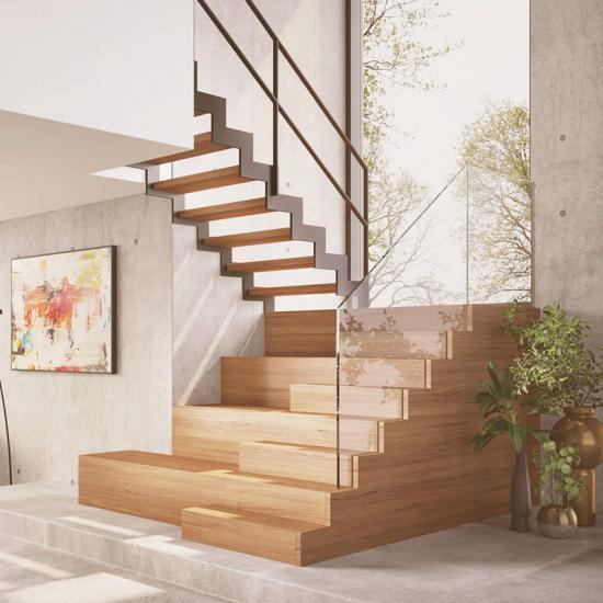 Moderne Podesttreppe aus Holz, Stahl und Glas von BUCHER Treppen