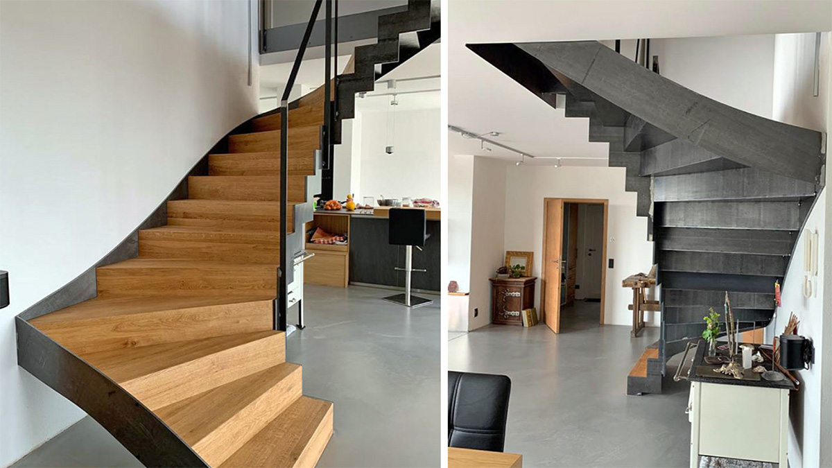 Moderne Treppe aus Holz und Stahl von Döllner Holztechnik