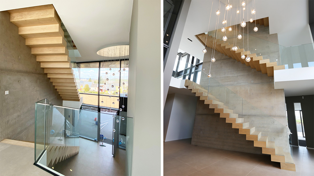 Innovative Blockstufentreppe aus Eichenholz mit Glasgeländer von Schreinerei GORGENECK