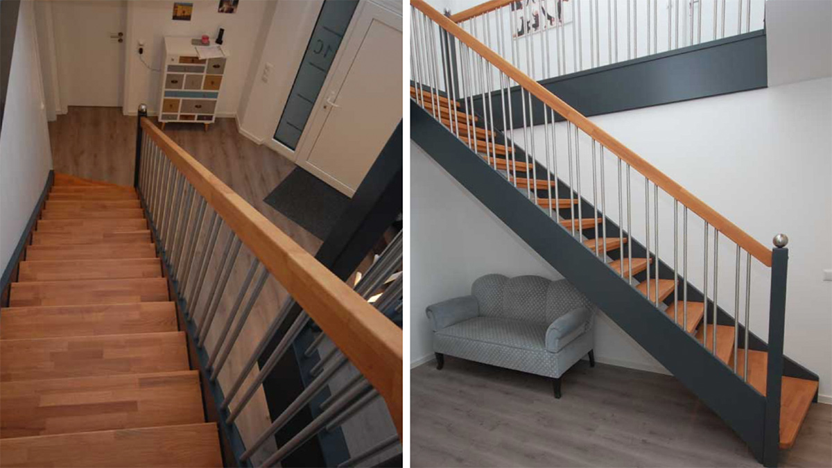 Gerade Treppenanlage mit Edelstahlgeländer und Holzhandlauf von HTM-Herbers Tischlerei Manufaktur