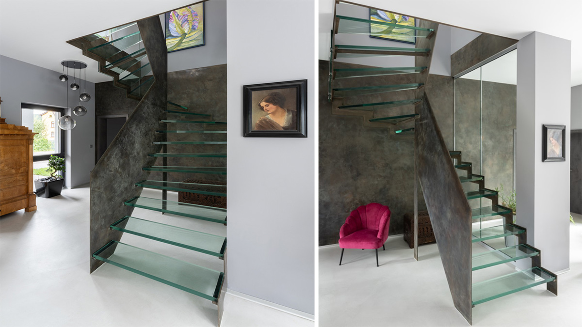 Halbgewendelte Treppe mit Glasstufen und Stahlelementen von BÄTHE TREPPEN