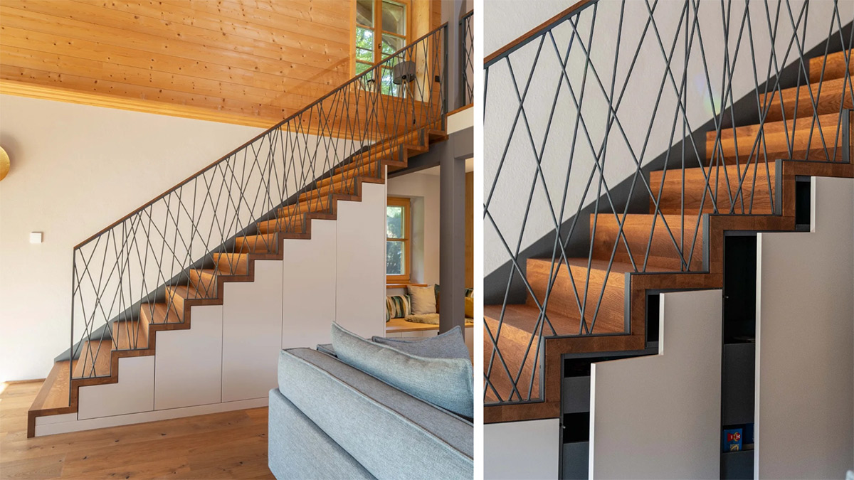 Moderne Faltwerktreppe mit Designgeländer und Stauraum von FRIEDRICH Treppenbau