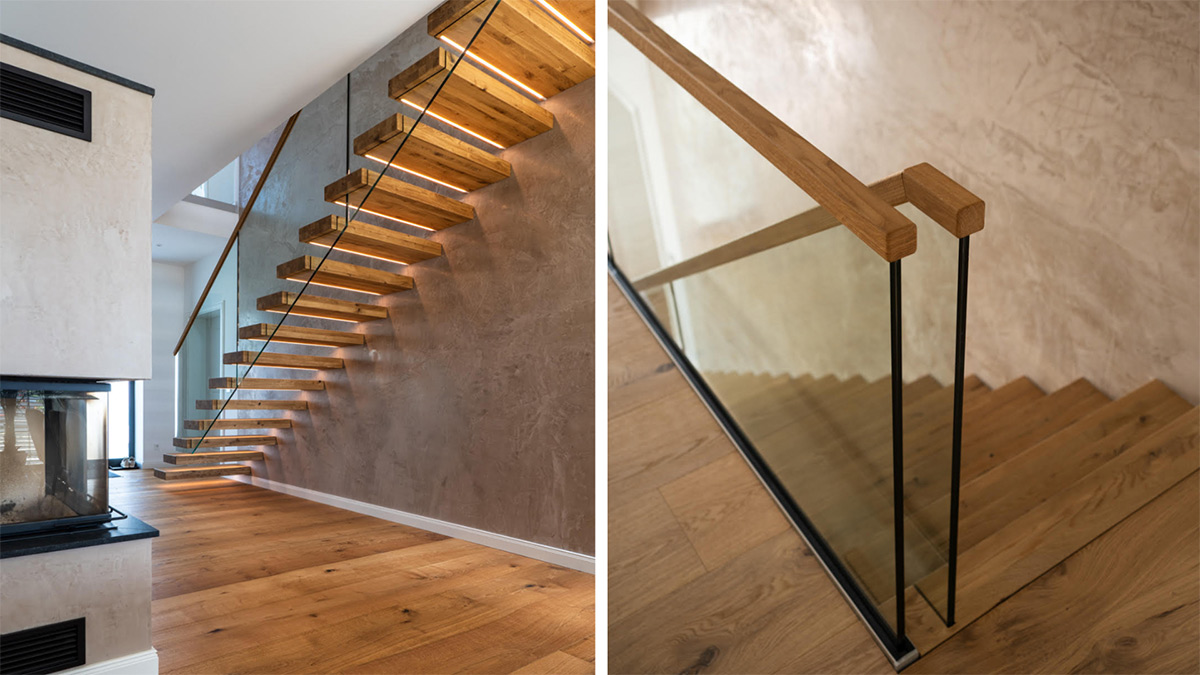 Kragarmtreppe mit Ganzglasgeländer  und Stufenbeleuchtung von HEGERS - Ihre Treppe