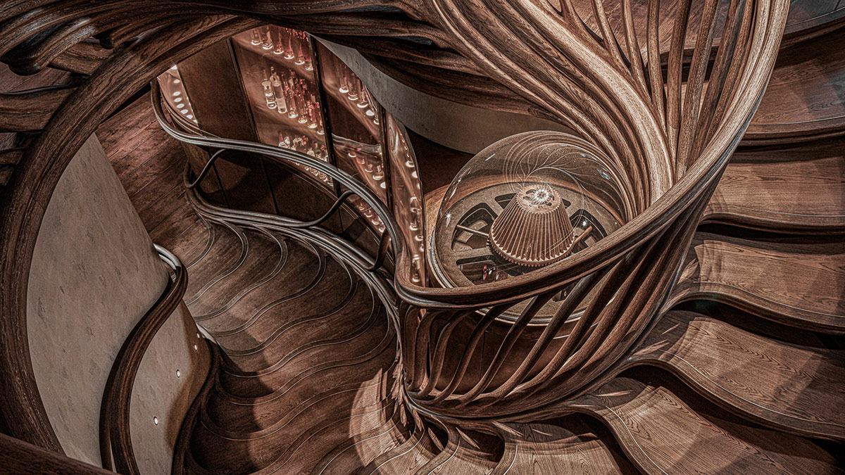 Organische Treppenanlage als geschnitzte Skulptur über drei Geschosse von Markiewicz Treppenbau