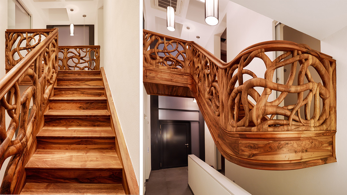 Einzigartige Treppenanlage mit organischem Holzgeländer von Kunstschreinerei Stefan Weiß